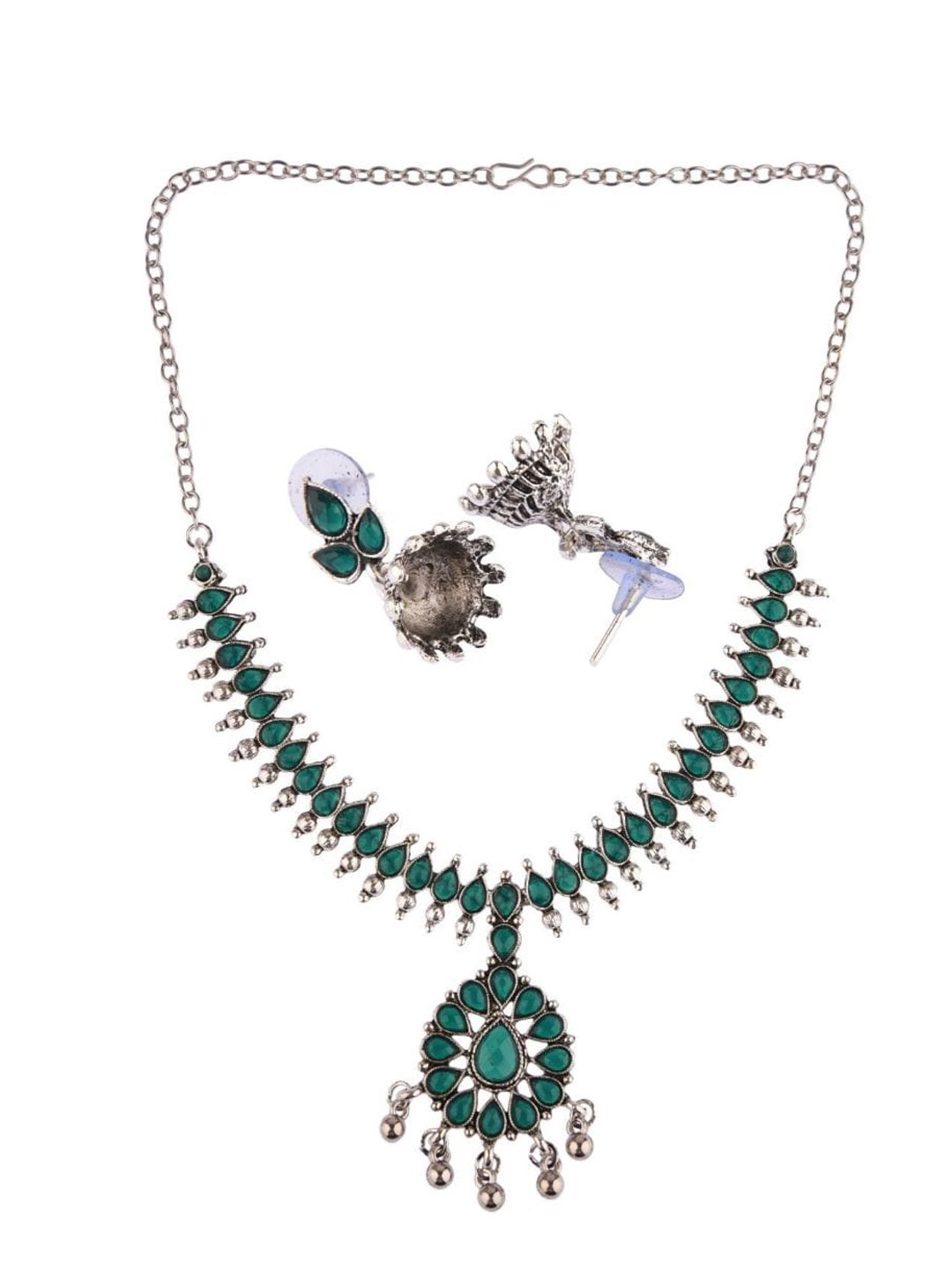 

Efulgenz Women Green & Silver Toned Rhodium-Plated Crystal studded Jewellery Set