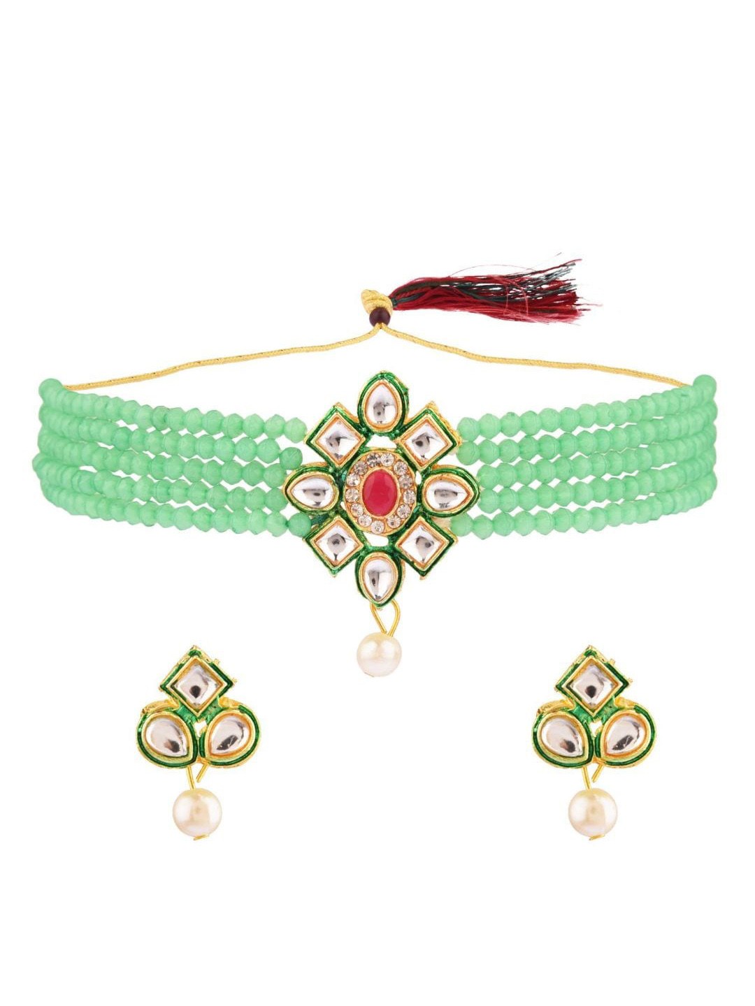 

Efulgenz Women Sea Green & White Gold-Plated Crystal Studded & Pearl Beaded Jewellery Set