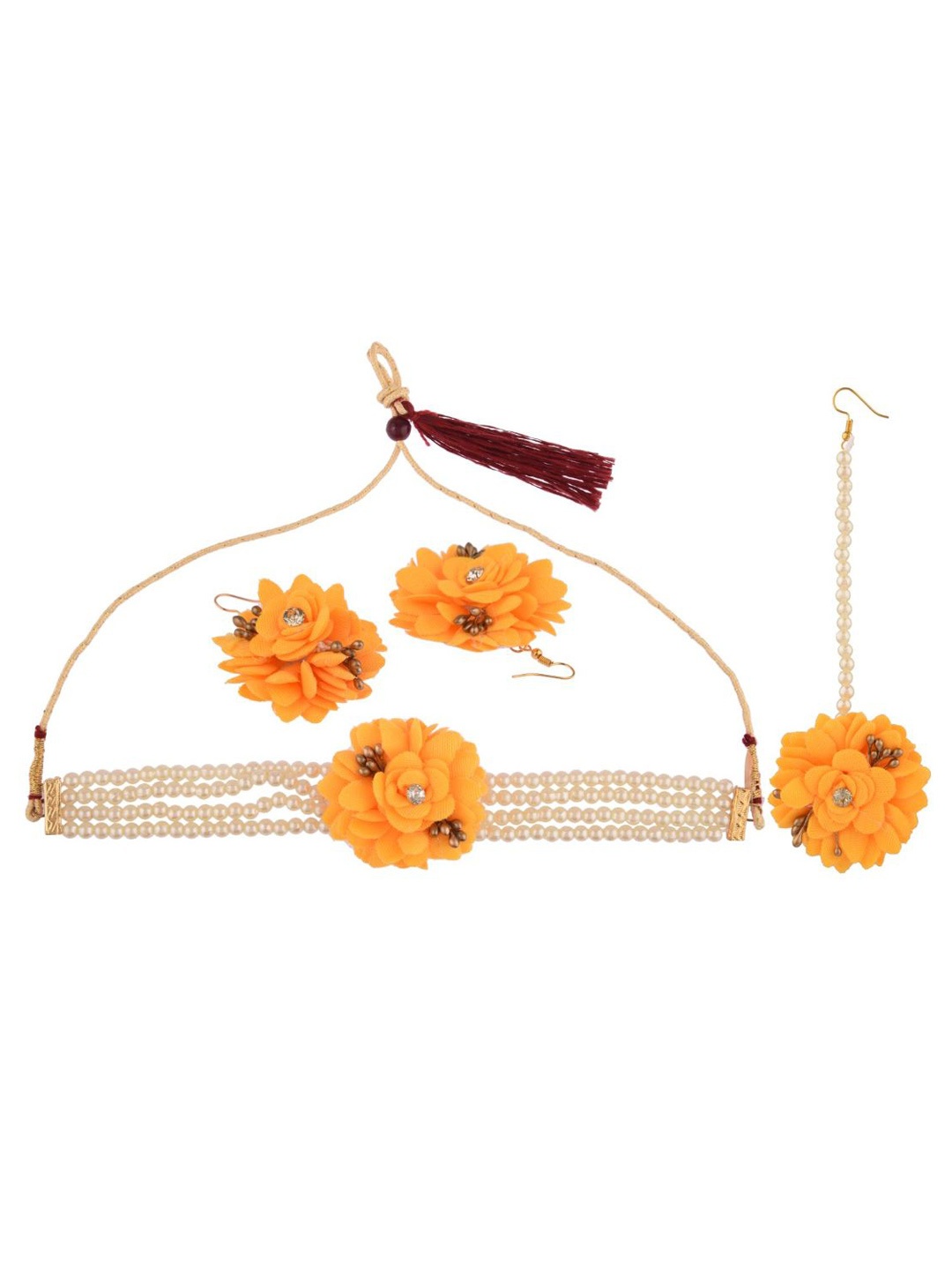 

Efulgenz Haldi Floral Designer Orange Artificial Beads Jewellery Set