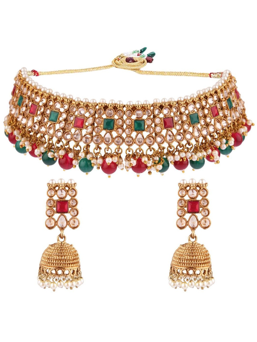 

Efulgenz Women Red & Green Gold-Plated Crystal Stone-Studded Choker Necklace Set