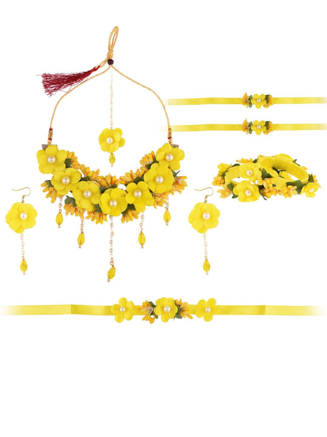 

Efulgenz Women Yellow & White Pearls Beaded Haldi Floral Jewellery Set