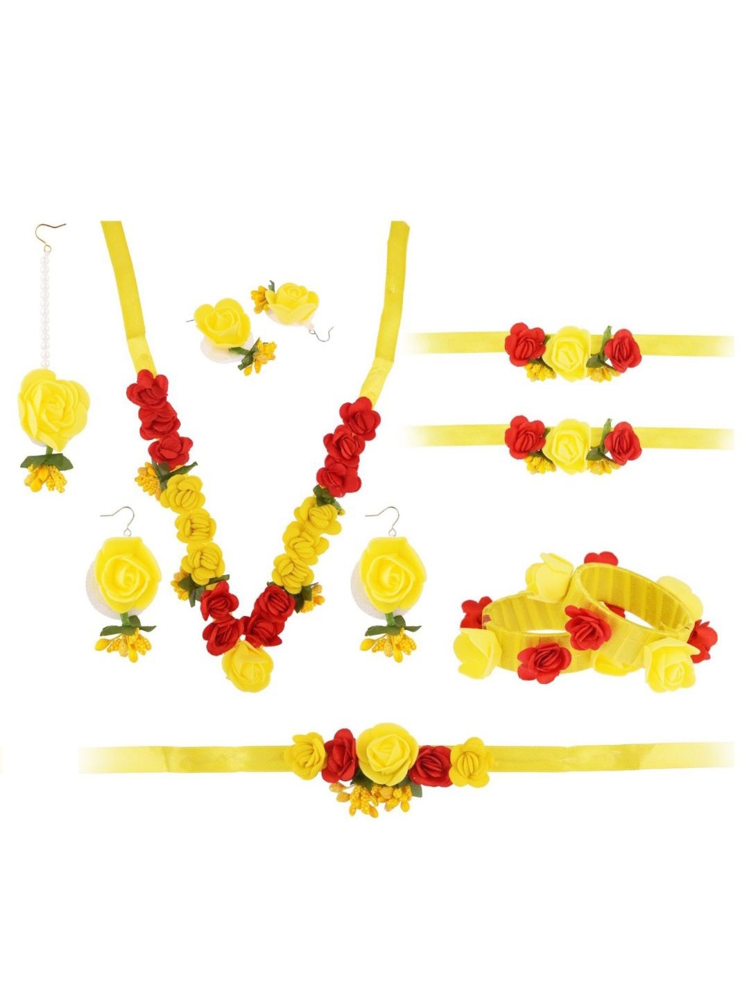 

Efulgenz Women Yellow & Red Beaded Floral Haldi Jewellery Set, Pink