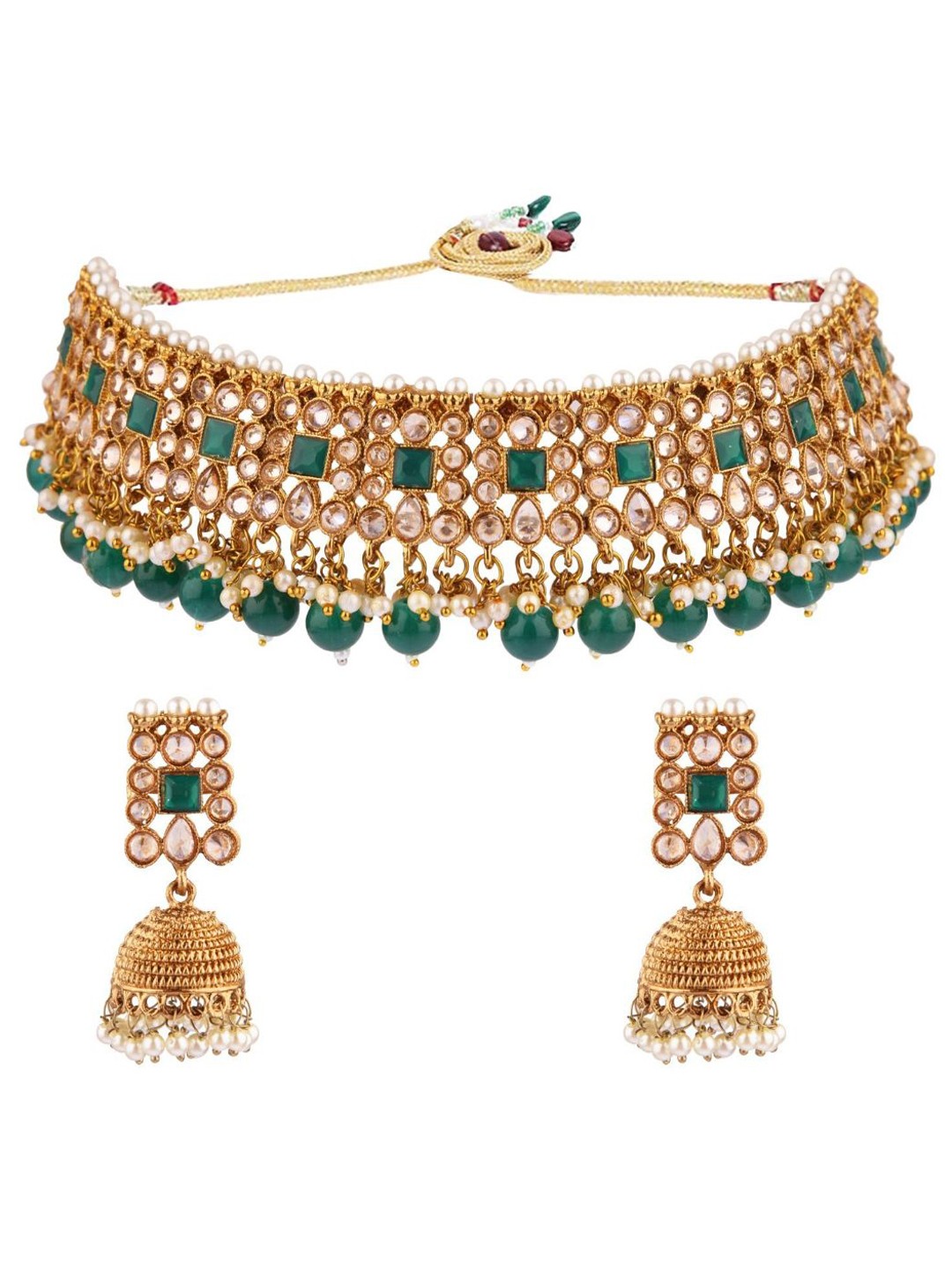 

Efulgenz Women Green & White Gold-Plated Crystal Studded & Beaded Jewellery Set