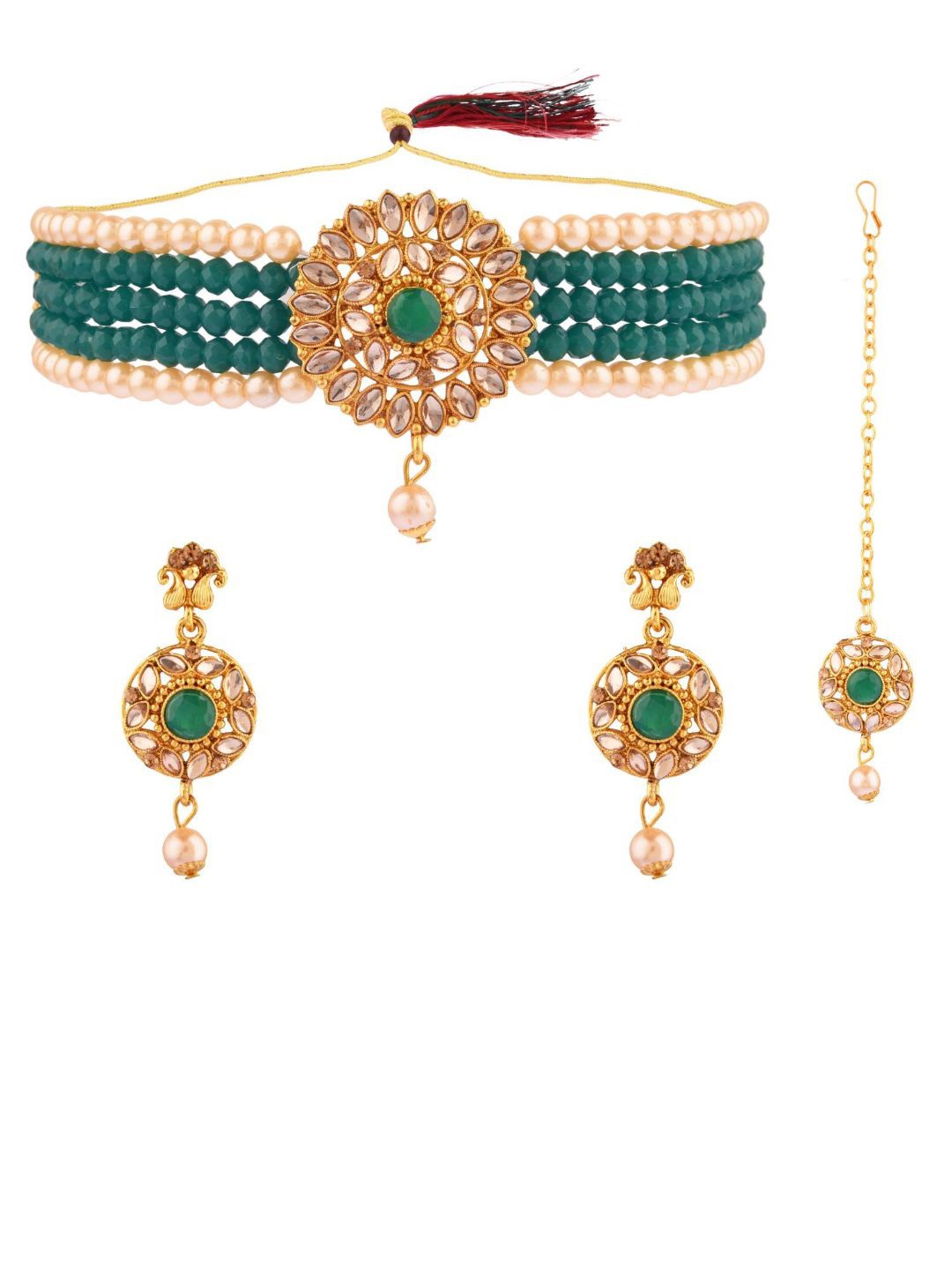 

Efulgenz Women Green & White Gold-Plated Crystals-Studded & Beaded Jewellery Set