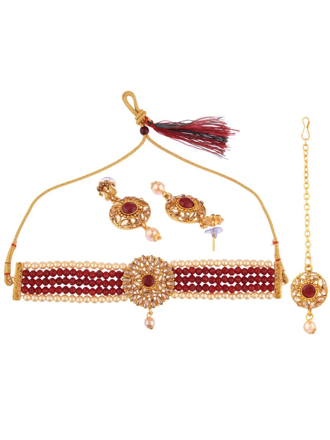 

Efulgenz Women Maroon & White Gold-Plated Crystal Studded & Beaded Jewellery Set