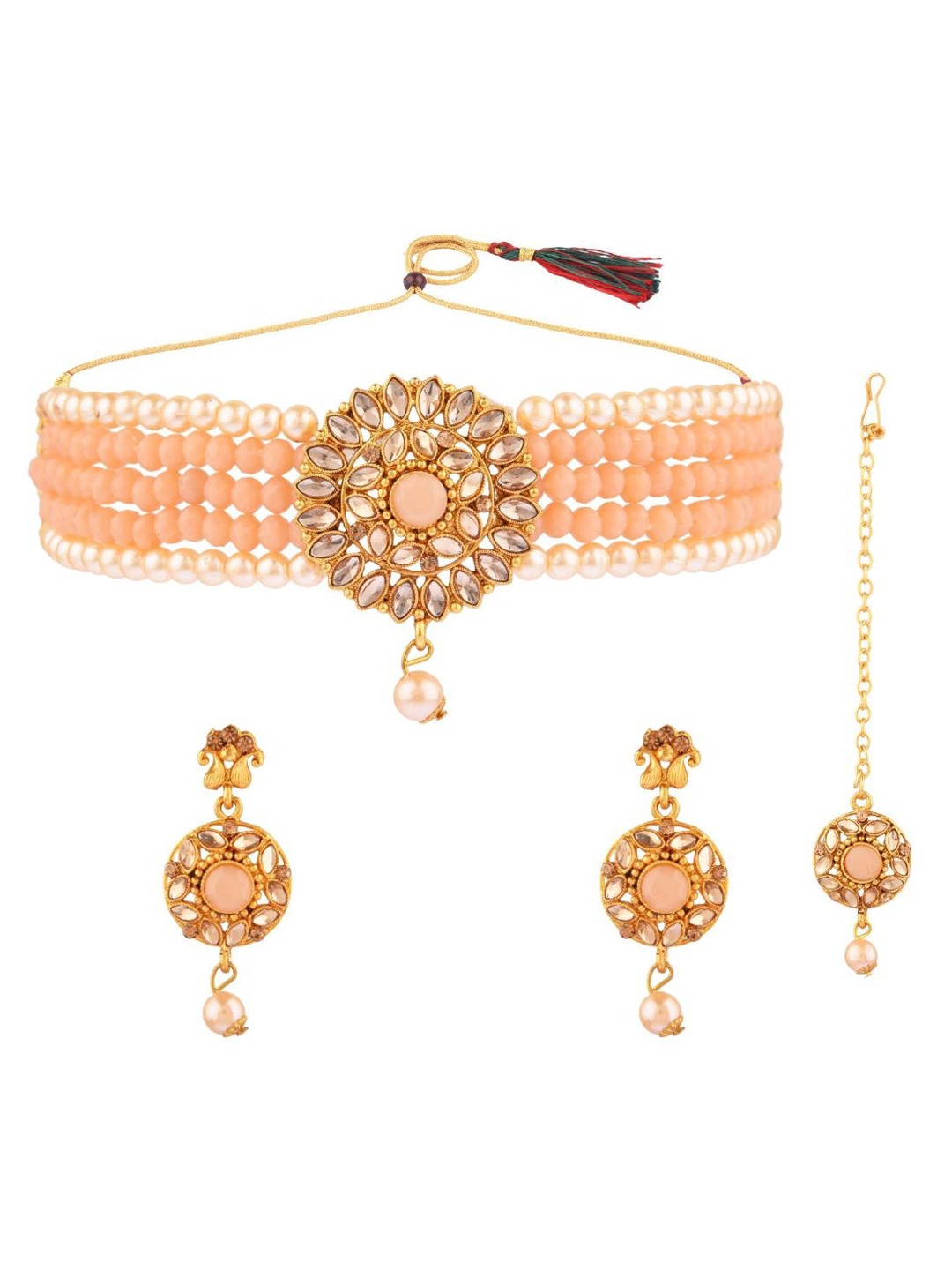 

Efulgenz Women Peach & White Gold-Plated Pearl Beaded Choker Jewellery Set