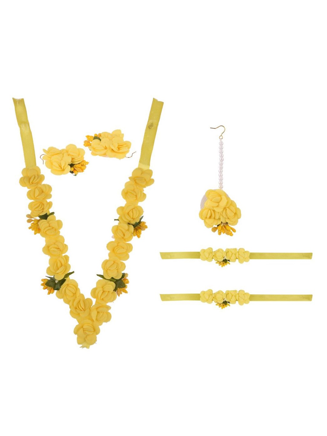 

Efulgenz Women Yellow & White Pearls Beaded Floral Haldi Jewellery Set