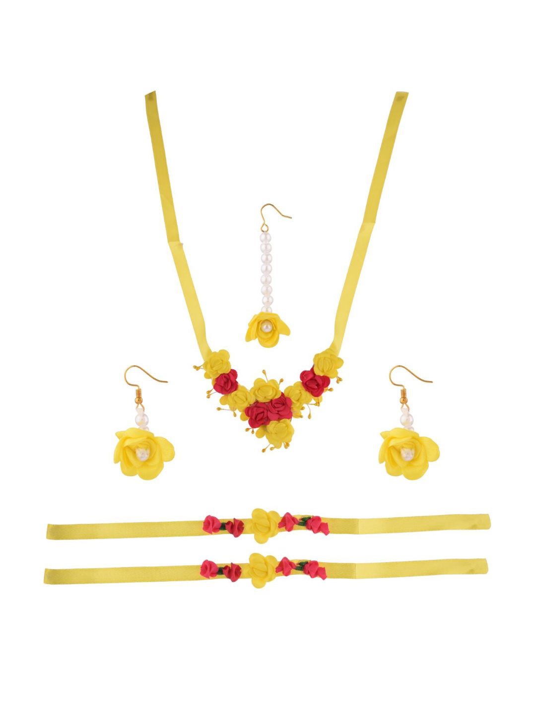 

Efulgenz Women Yellow & Pink Pearls Beaded Floral Haldi Jewellery Set