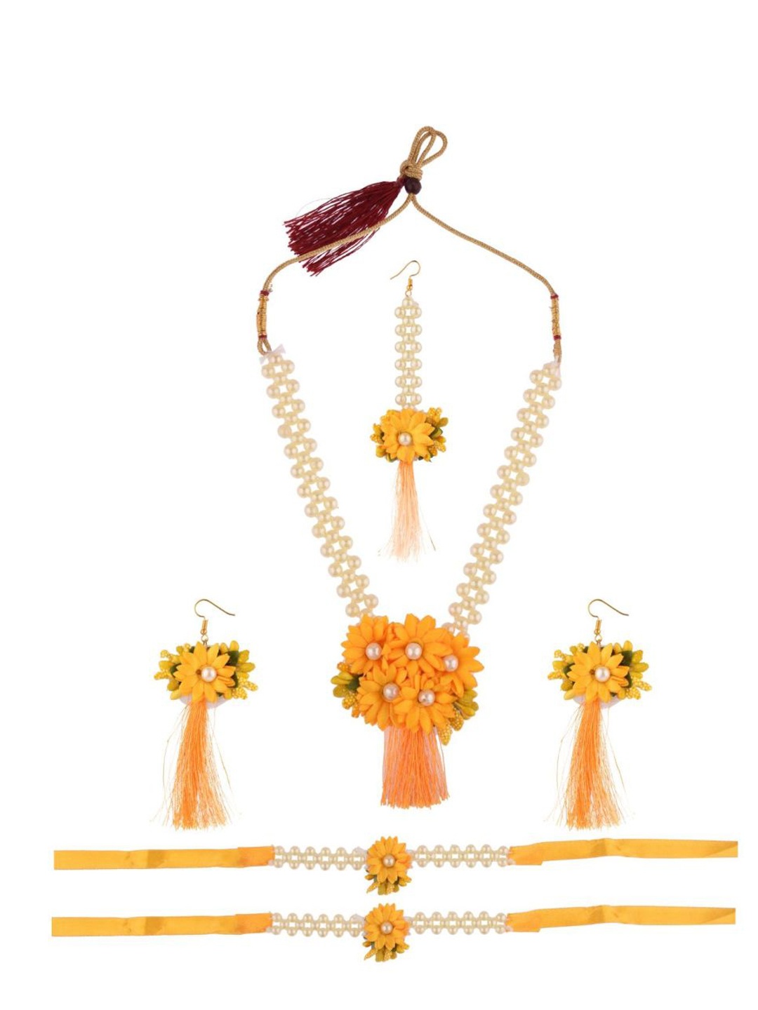 

Efulgenz Women Yellow & White Pearls Beaded-Studded Haldi Jewellery Set