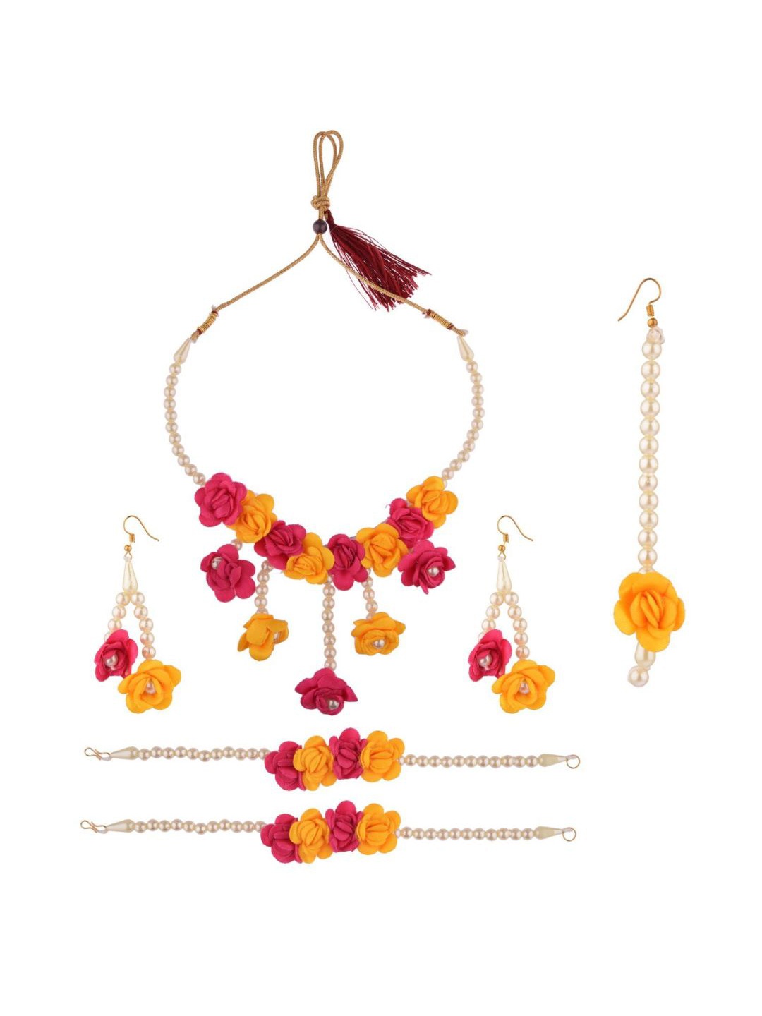 

Efulgenz Pink & Yellow Stone Studded & Beaded Floral Haldi Jewellery Set
