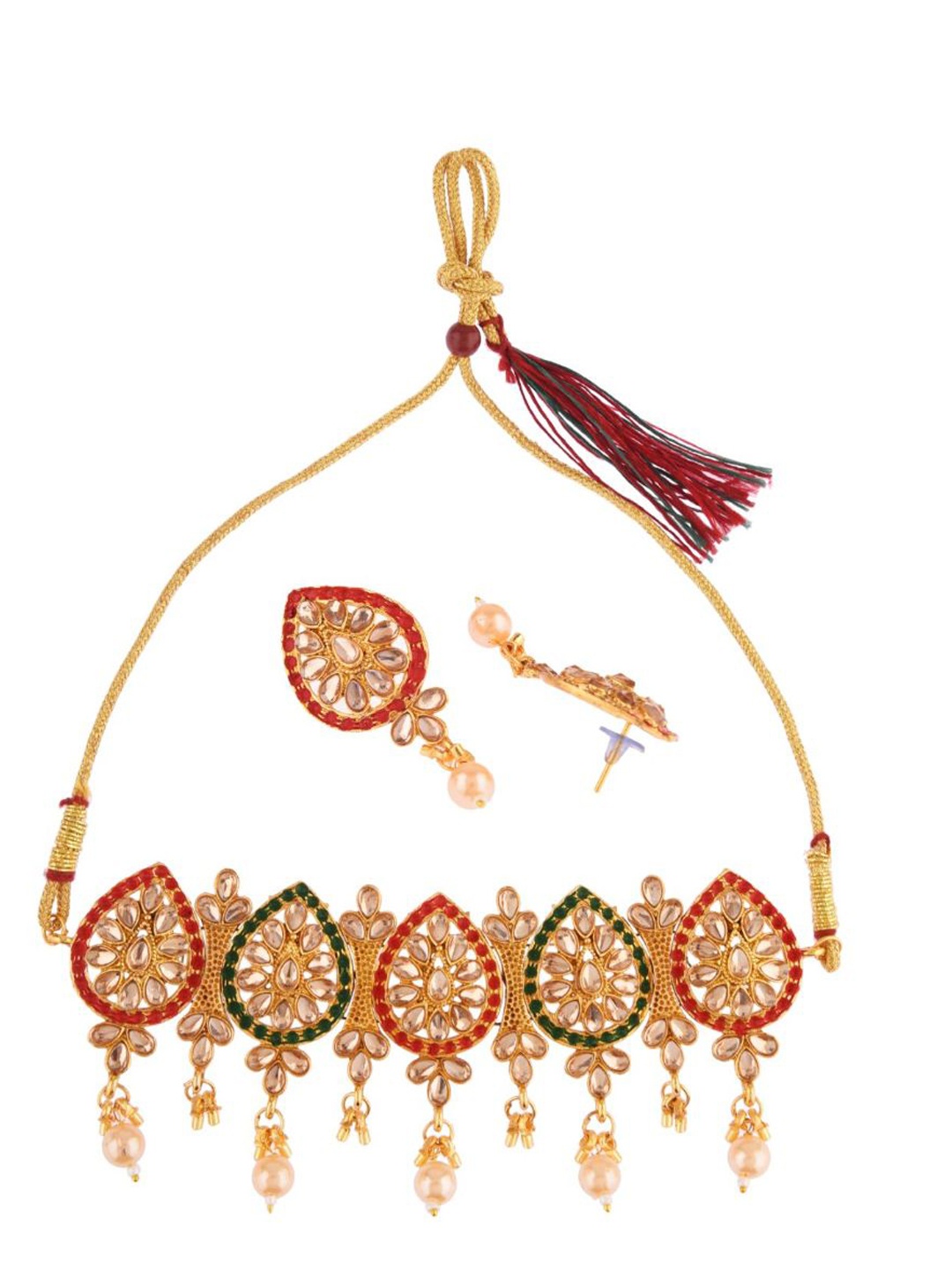 

Efulgenz Red & Green Kundan Studded Gold-Plated Jewellery Set