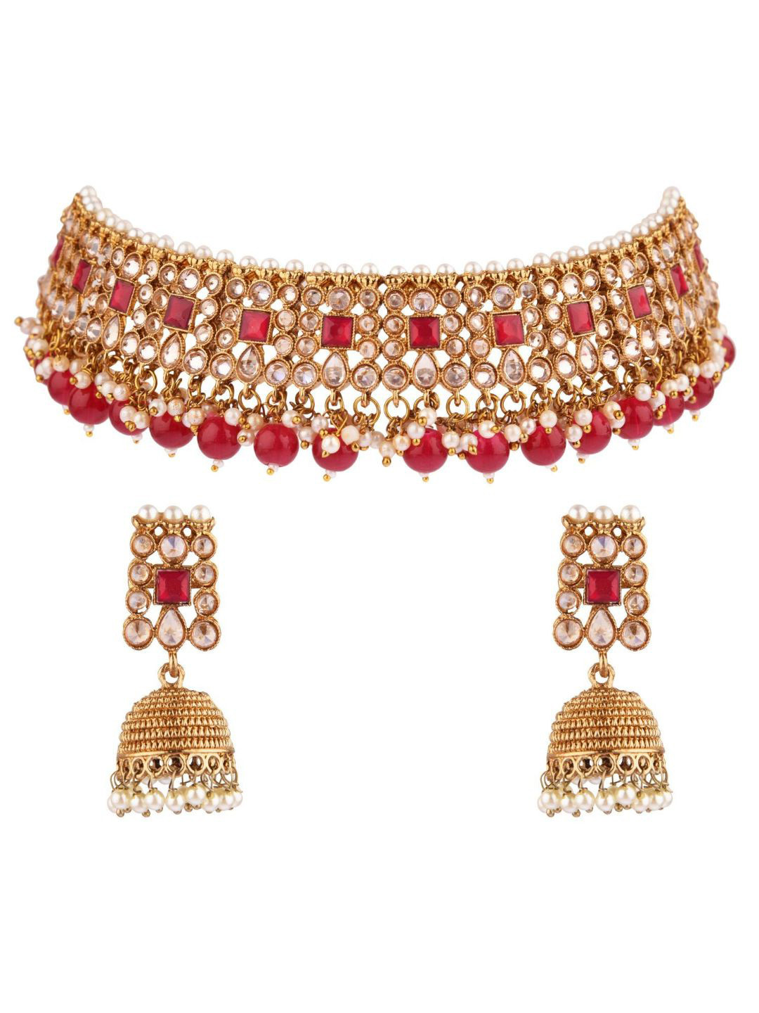 

Efulgenz Gold-Toned & Pink Crystal Stone-Studded Gold-Plated Jewellery Set