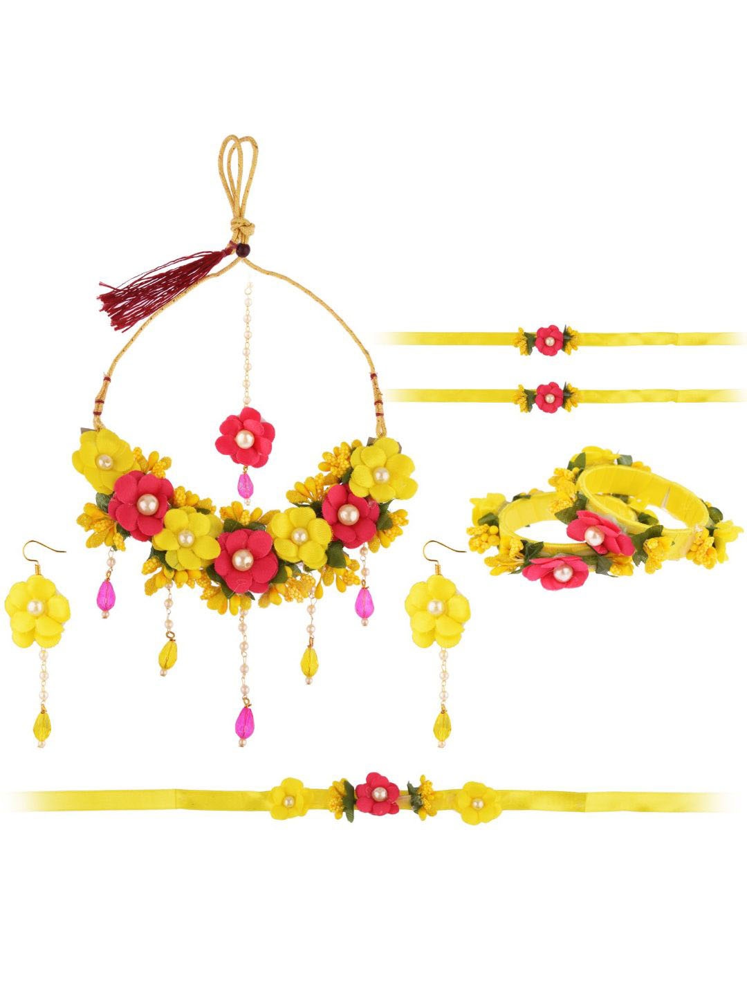 

Efulgenz Pink & Yellow Beaded Floral Haldi Jewellery Set