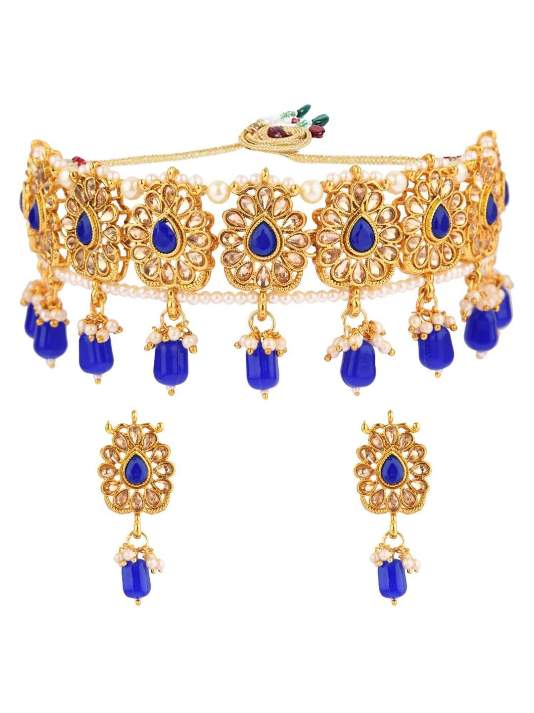 

Efulgenz Gold-Toned & Blue Kundan & Crystal Studded Gold-Plated Jewellery Set