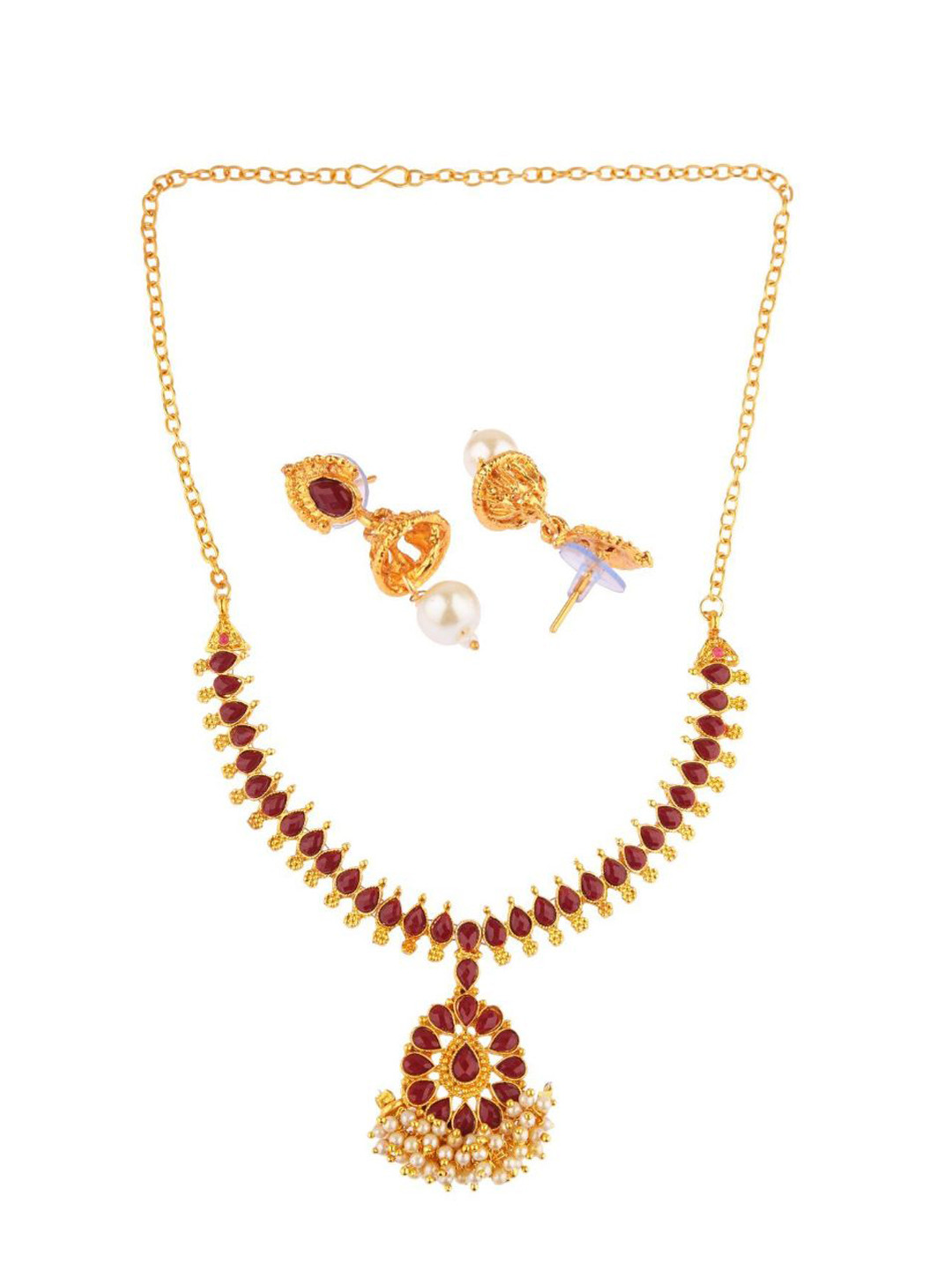 

Efulgenz Gold-Toned & Maroon Crystal Studded & Beaded Gold-Plated Jewellery Set