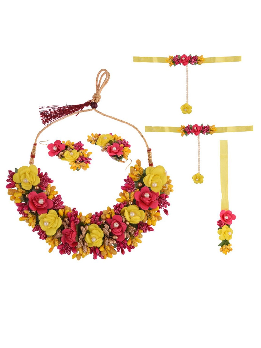 

Efulgenz Pink & Yellow Beaded Floral Haldi Jewellery Set