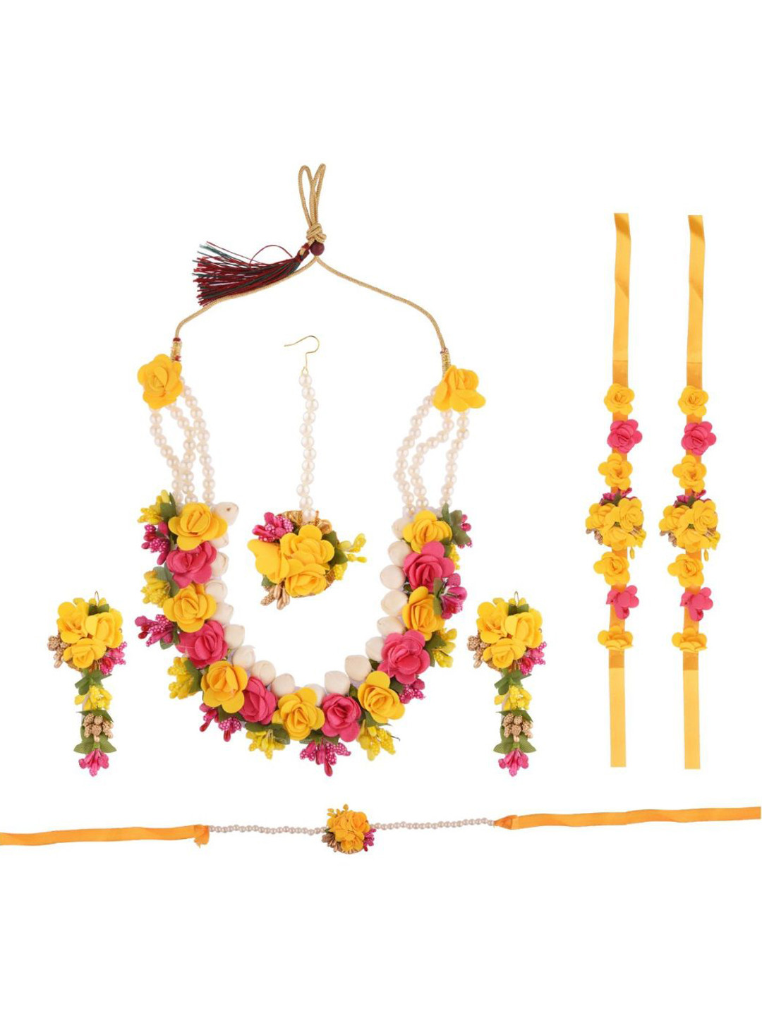 

Efulgenz Pink & Yellow Beaded Floral Haldi Jewellery Set