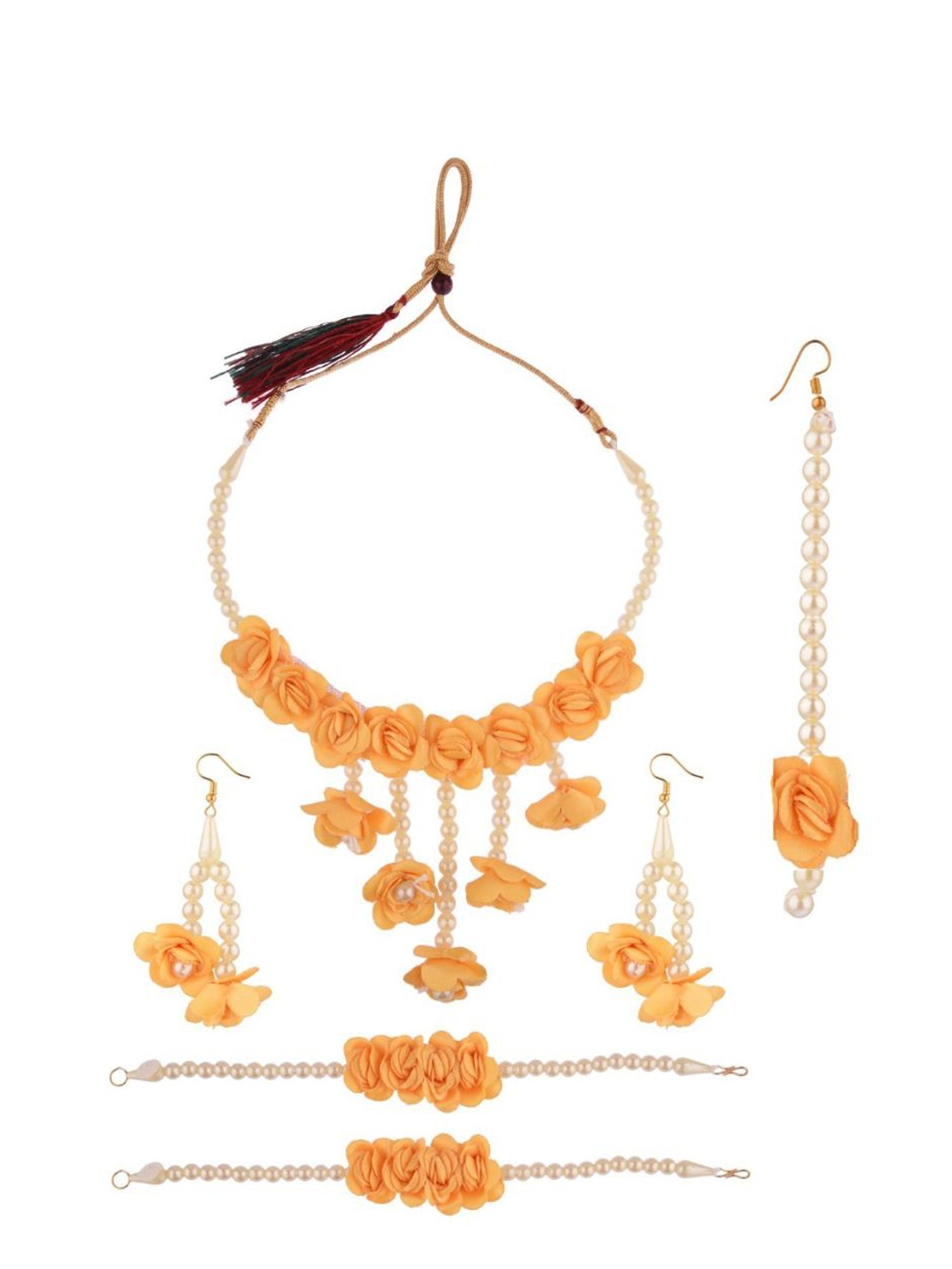 

Efulgenz Yellow & White Beaded Floral Haldi Jewellery Set