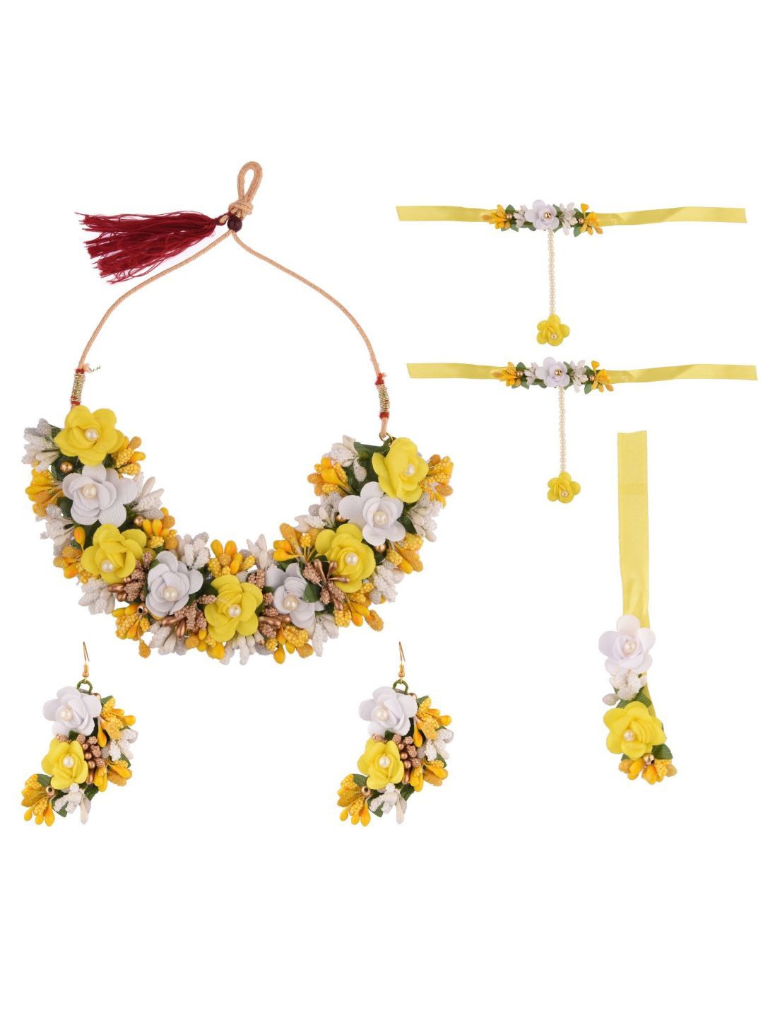 

Efulgenz Yellow & White Beaded Floral Haldi Jewellery Set