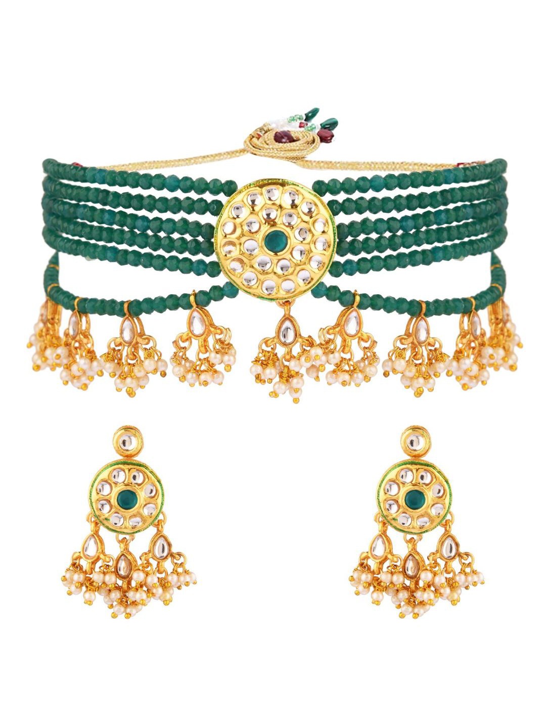 

Efulgenz Gold-Toned & Green Crystal Studded & Beaded Gold-Plated Jewellery Set