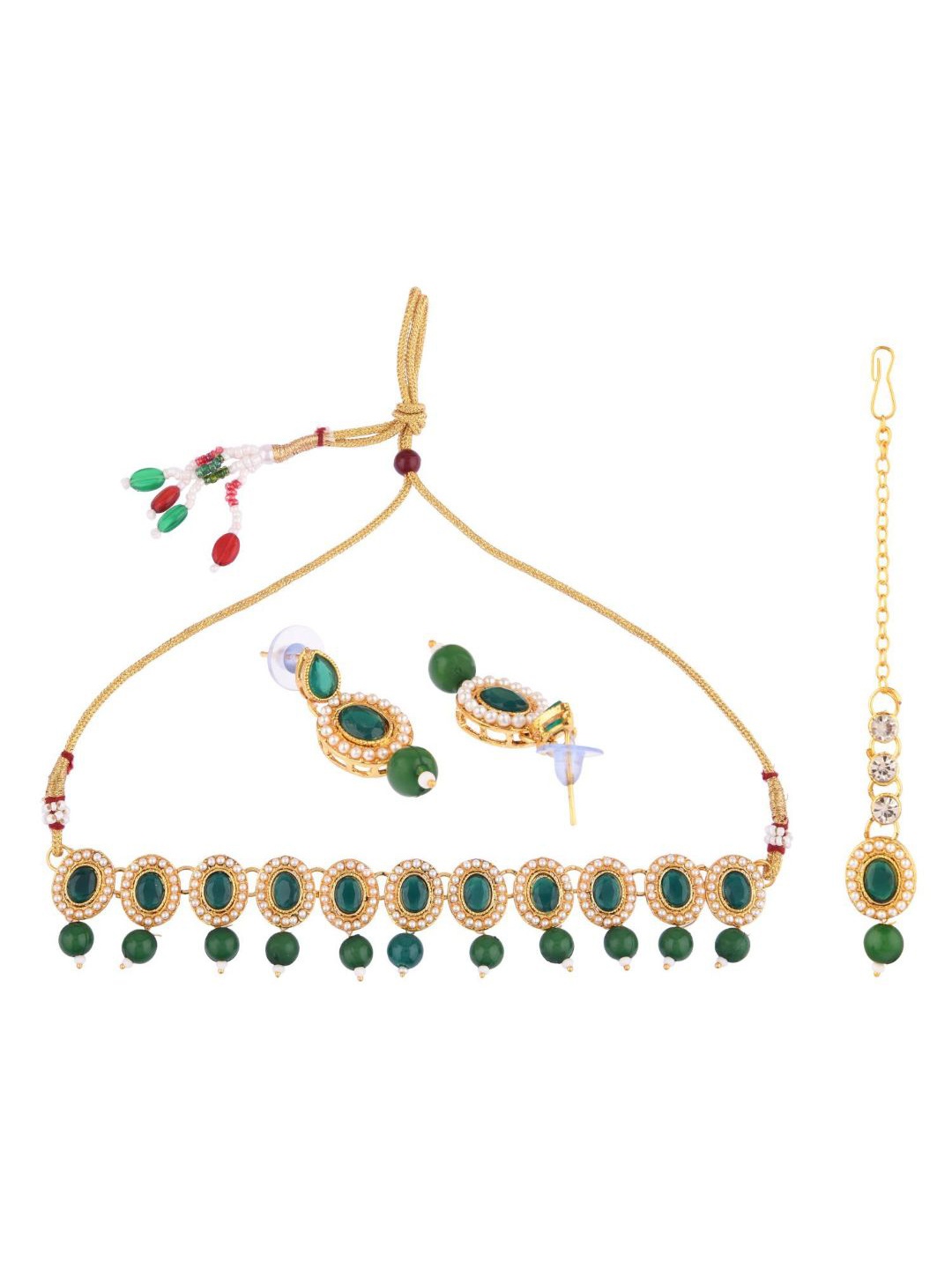 

Efulgenz Gold-Toned & Green Kundan-Studded Gold-Plated Jewellery Set