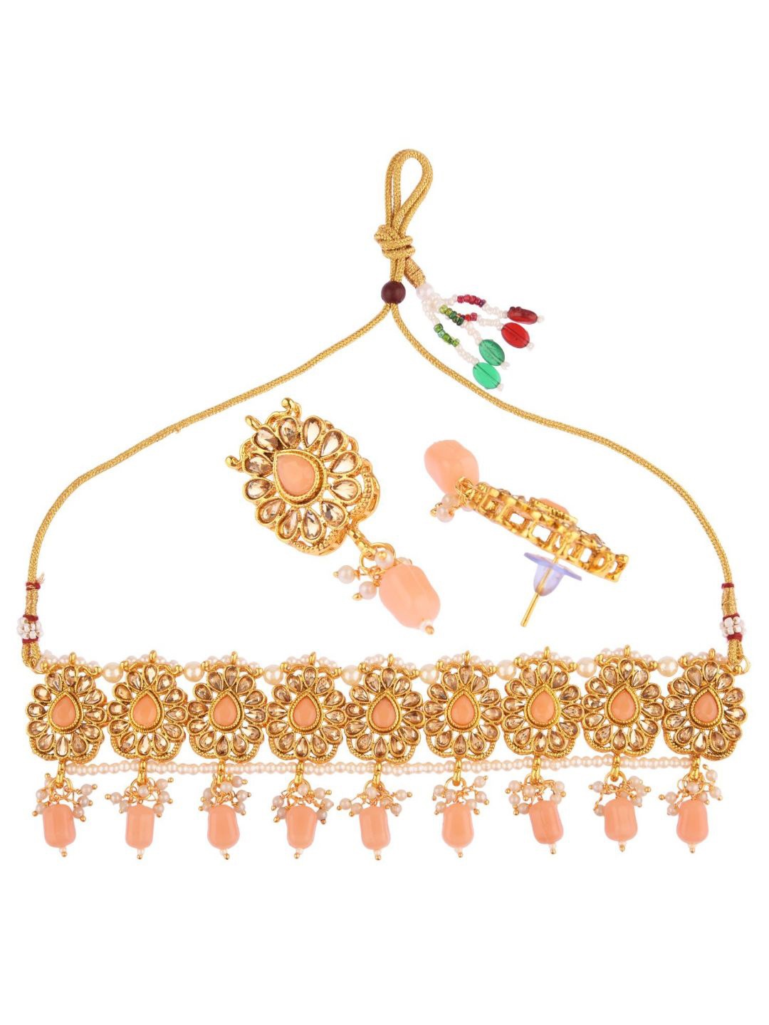 

Efulgenz Gold-Toned & Peach Kundan Studded Gold-Plated Jewellery Set