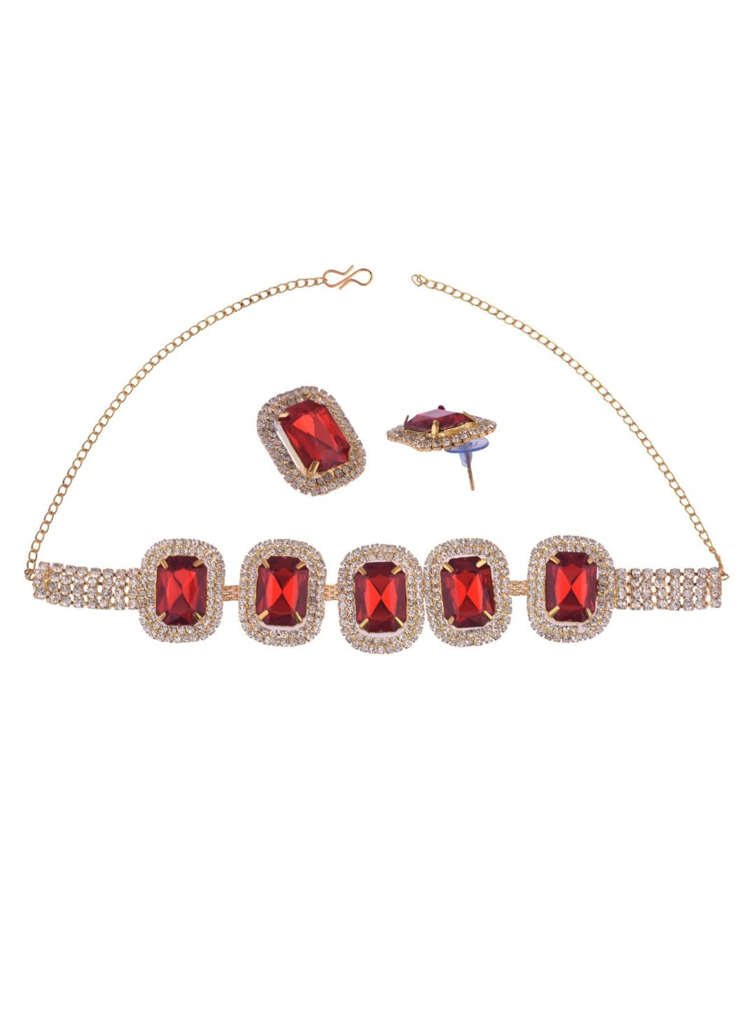 

Efulgenz Gold-Toned & Red Crystal Studded Gold-Plated Jewellery Set
