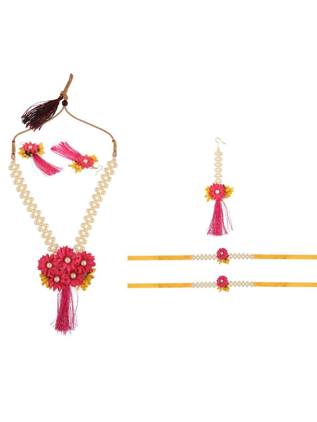 

Efulgenz Women Pink & White Beaded Floral Haldi Jewellery Set