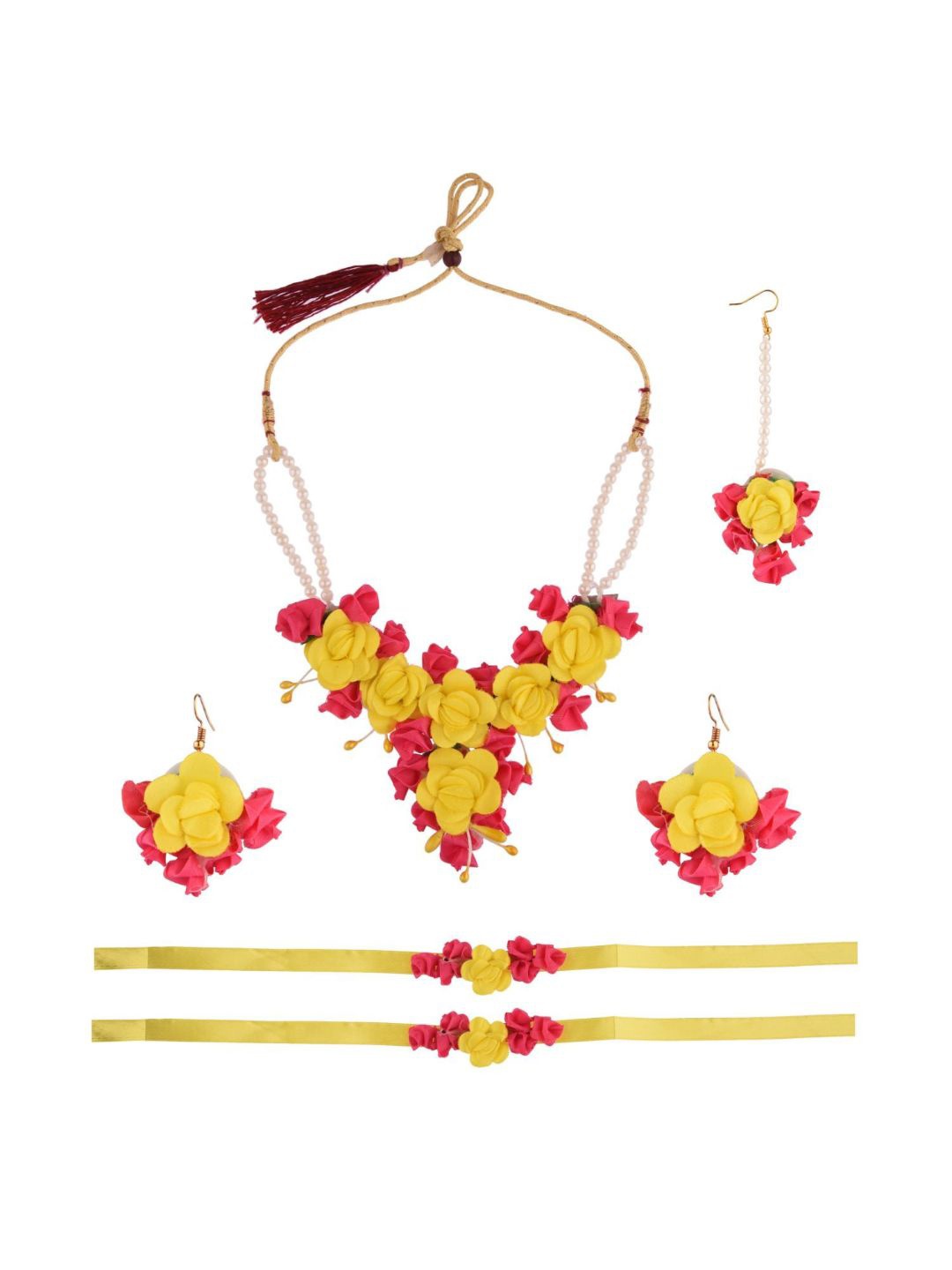 

Efulgenz Women Pink & Yellow Stone-Studded & Beaded Floral Haldi Jewellery Set