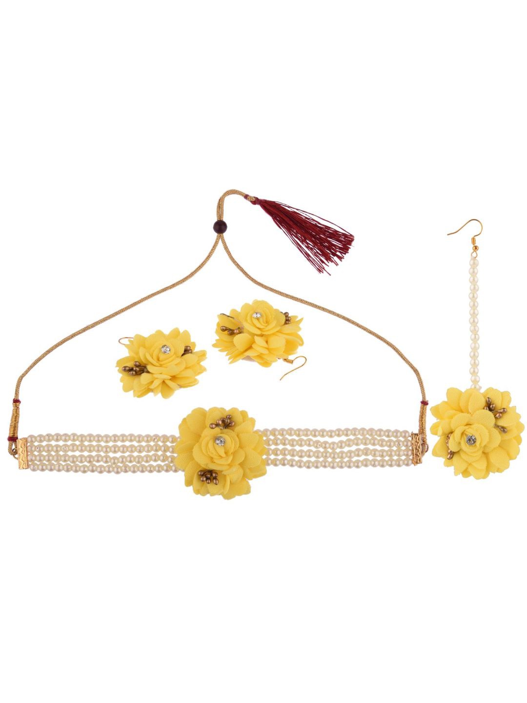 

Efulgenz Women Yellow & White Beaded Floral Haldi Jewellery Set