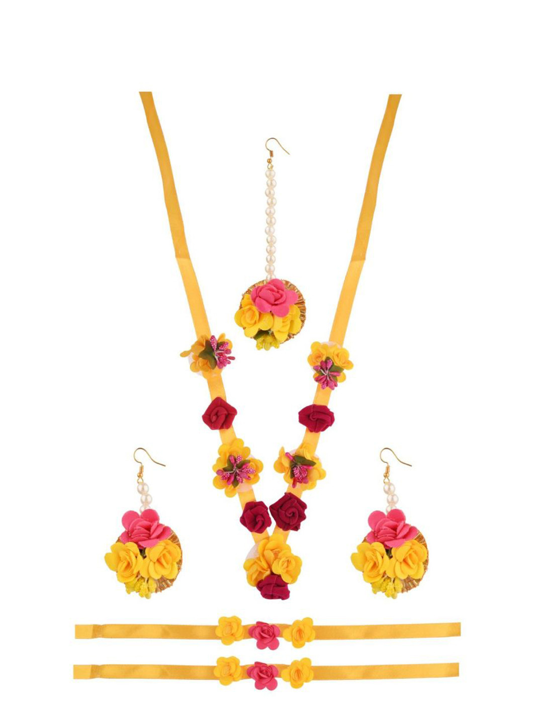 

Efulgenz Women Pink Beaded Bridal Floral Haldi Jewellery Set