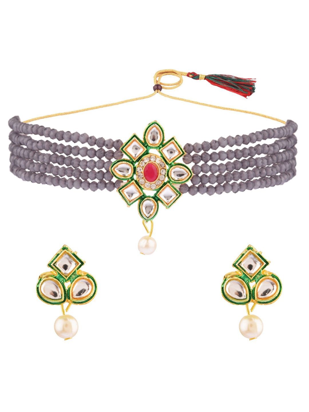 

Efulgenz Women Gold-Plated Grey Beaded Jewellery Set