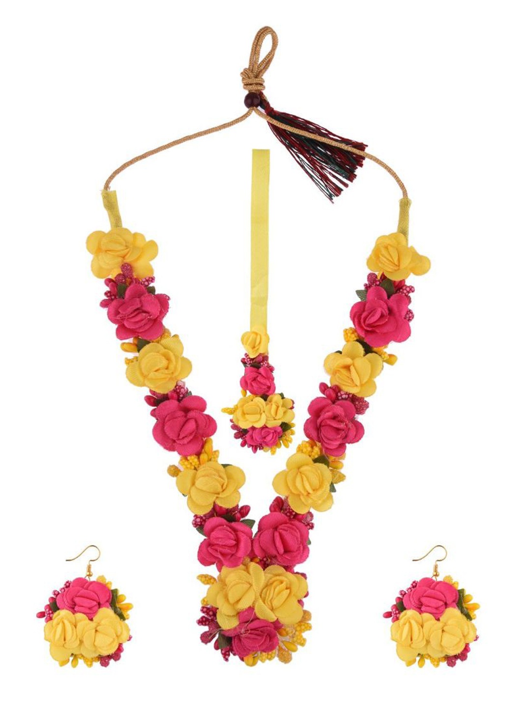 

Efulgenz Women Yellow & Pink Bridal Haldi Floral Jewellery Set
