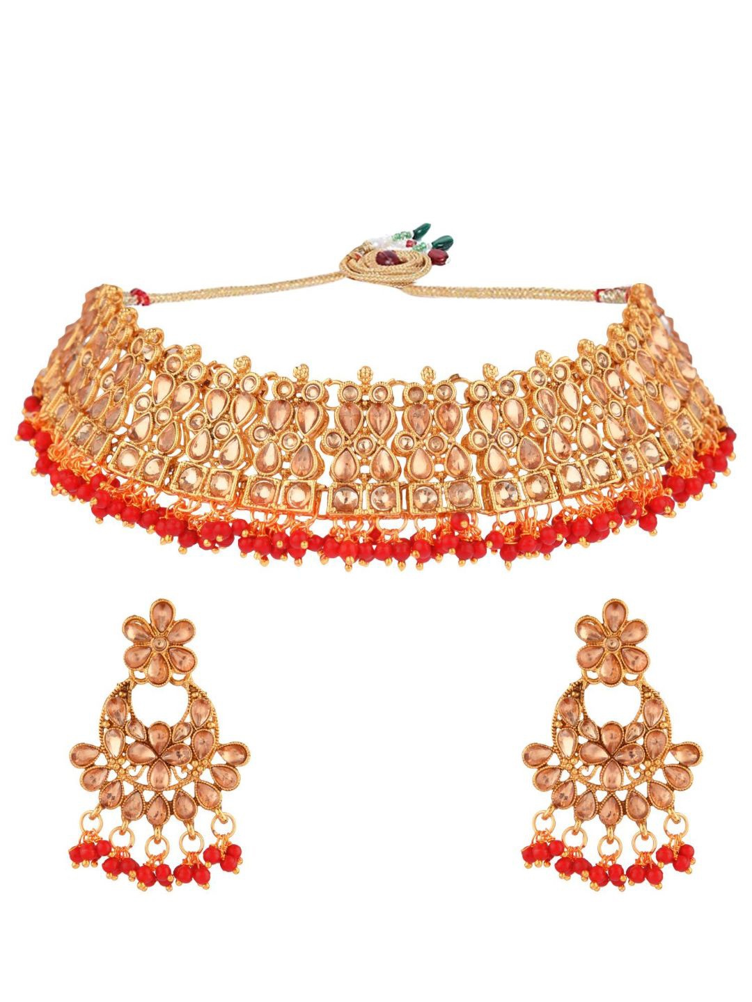 

Efulgenz Women Gold-Plated Red Kundan & Beaded Jewellery Set