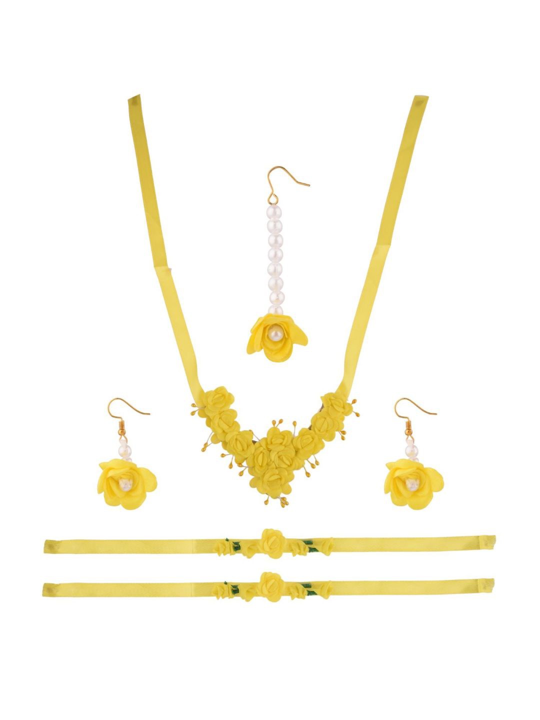 

Efulgenz Women Haldi Floral Designer Yellow & White Beaded-Studded Jewellery Set