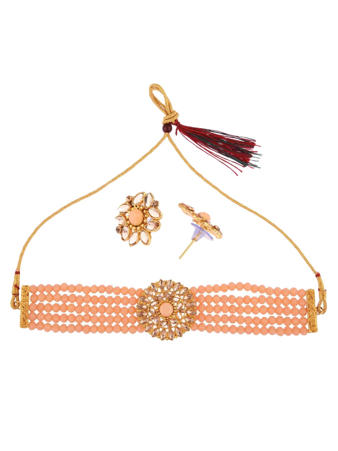 

Efulgenz Women Gold-Plated Peach-Colored Pearl-Beaded Jewellery Set