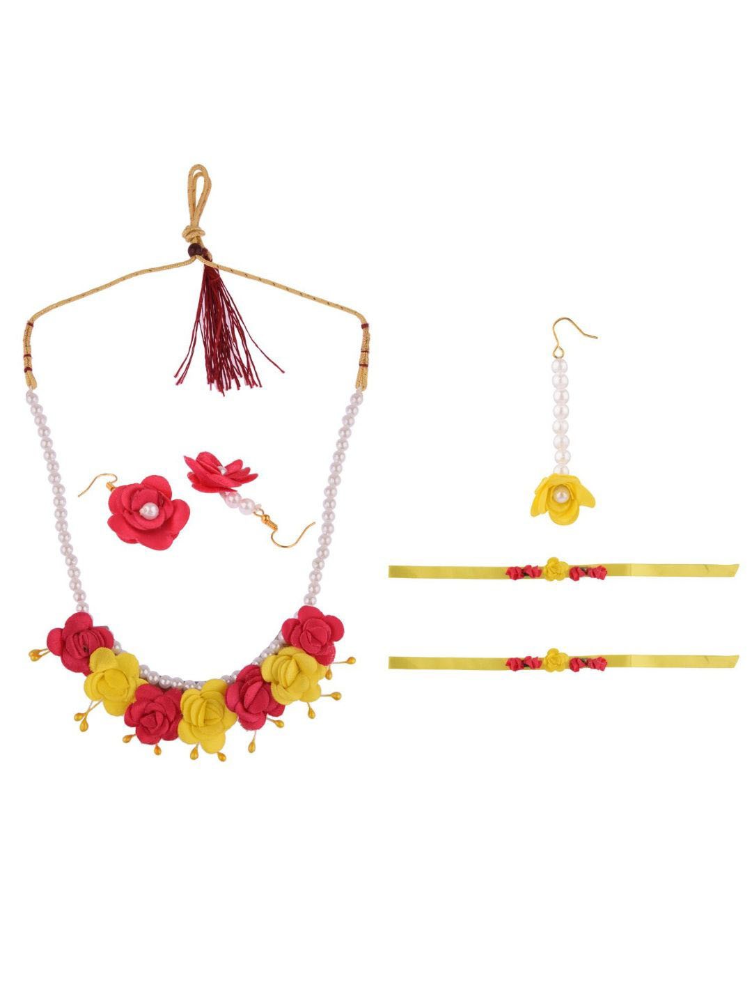 

Efulgenz Women Yellow & Pink Bridal Haldi Floral Jewellery Set