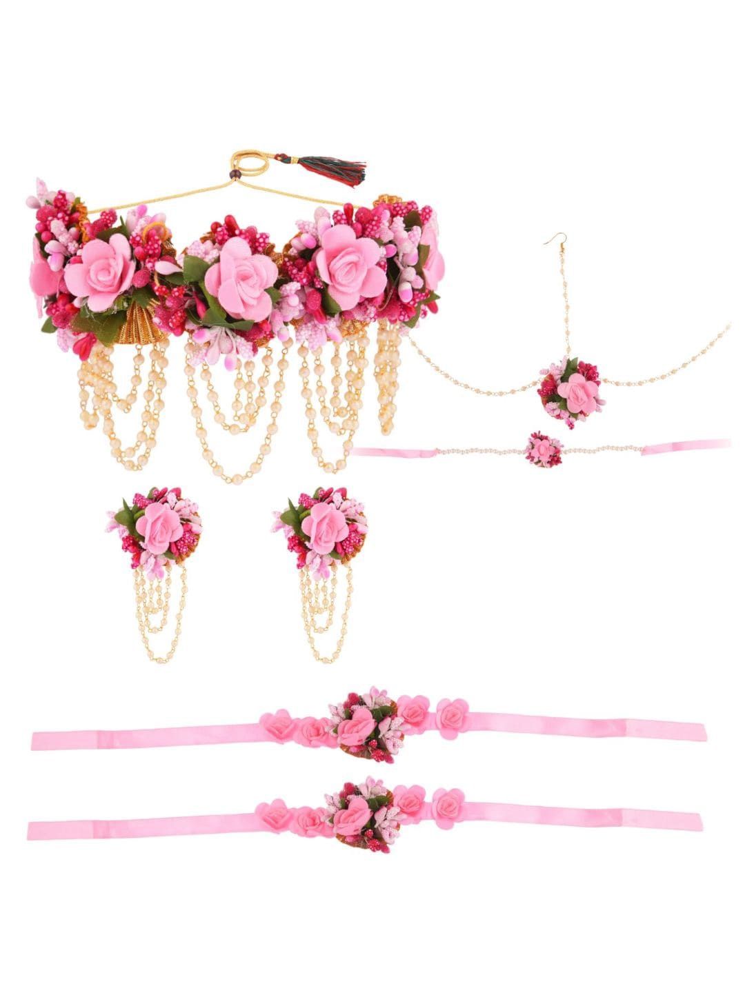 

Efulgenz Pink Bridal Haldi Floral Beaded Jewellery Set