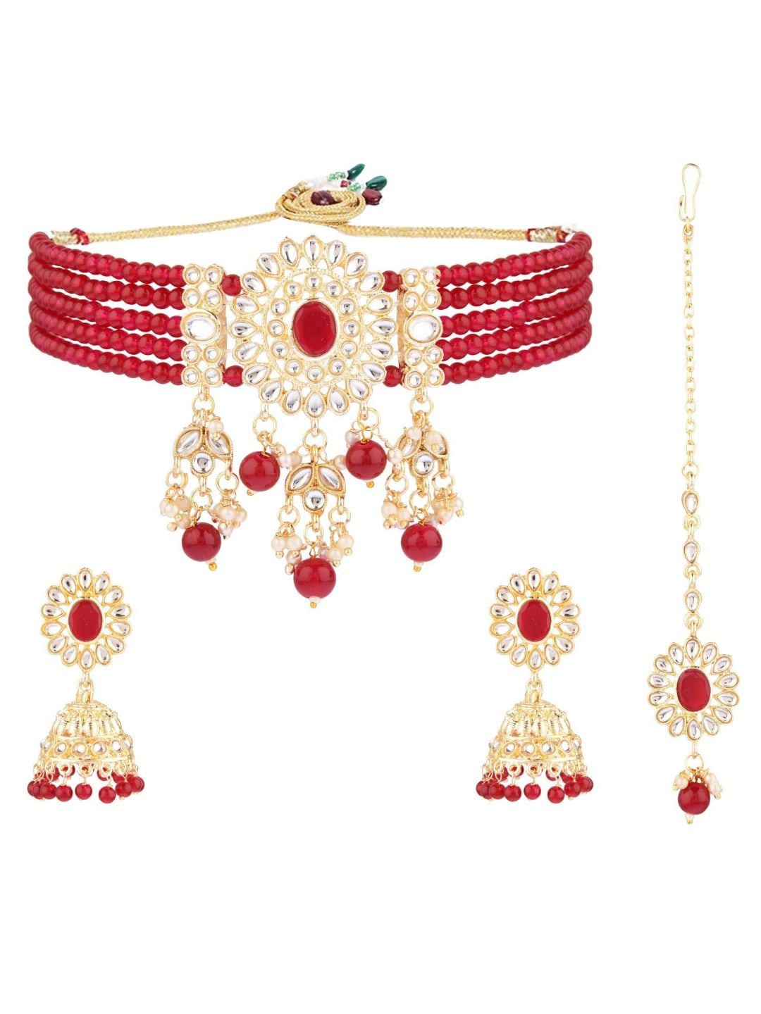 

Efulgenz Gold-Plated Maroon & White Kundan-Studded & Beaded Jewellery Set