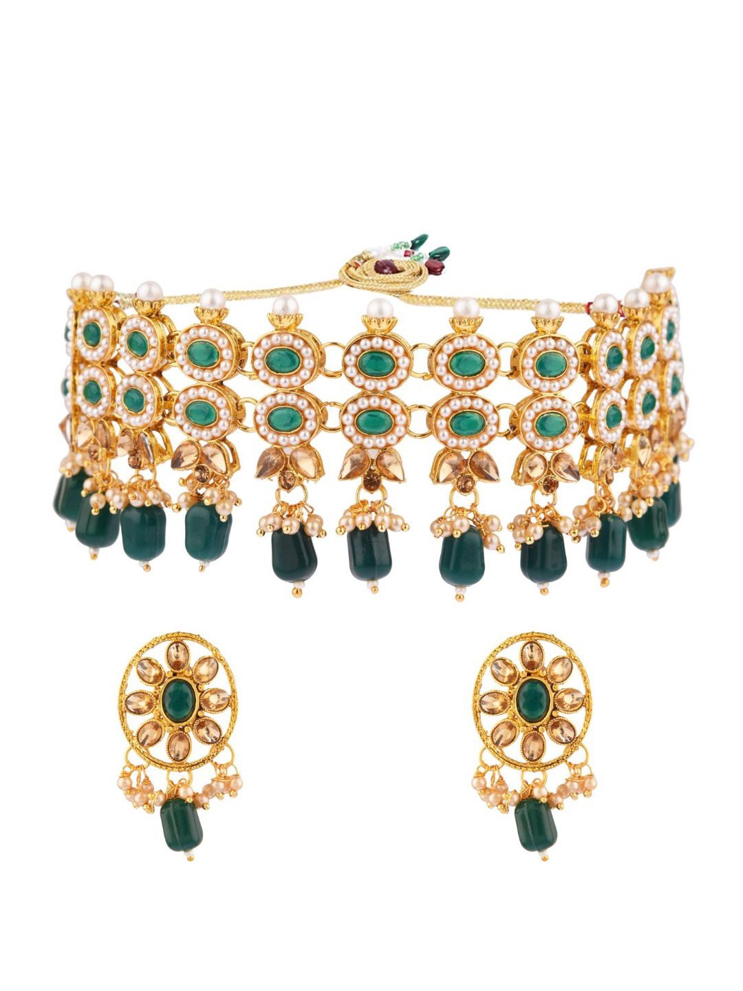 

Efulgenz Gold-Plated Green Crystal Kundan-Studded Jewellery Set