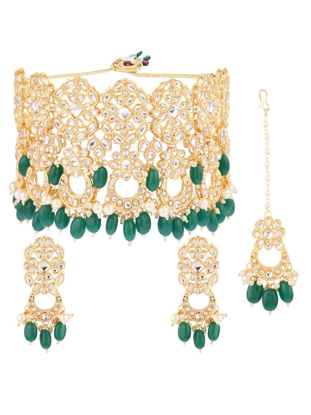 

Efulgenz Gold-Plated Green & White Crystal Studded & Beaded Jewellery Set