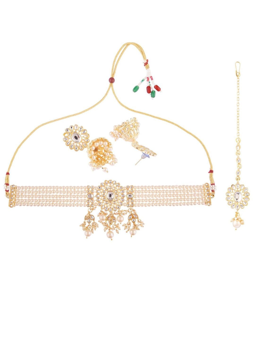 

Efulgenz Gold-Plated White Kundan-Studded & Beaded Jewellery Set