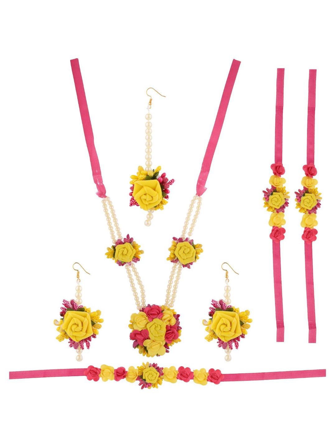 

Efulgenz Haldi Floral Designer Yellow & Pink Stone-Studded & Beaded Jewellery Set
