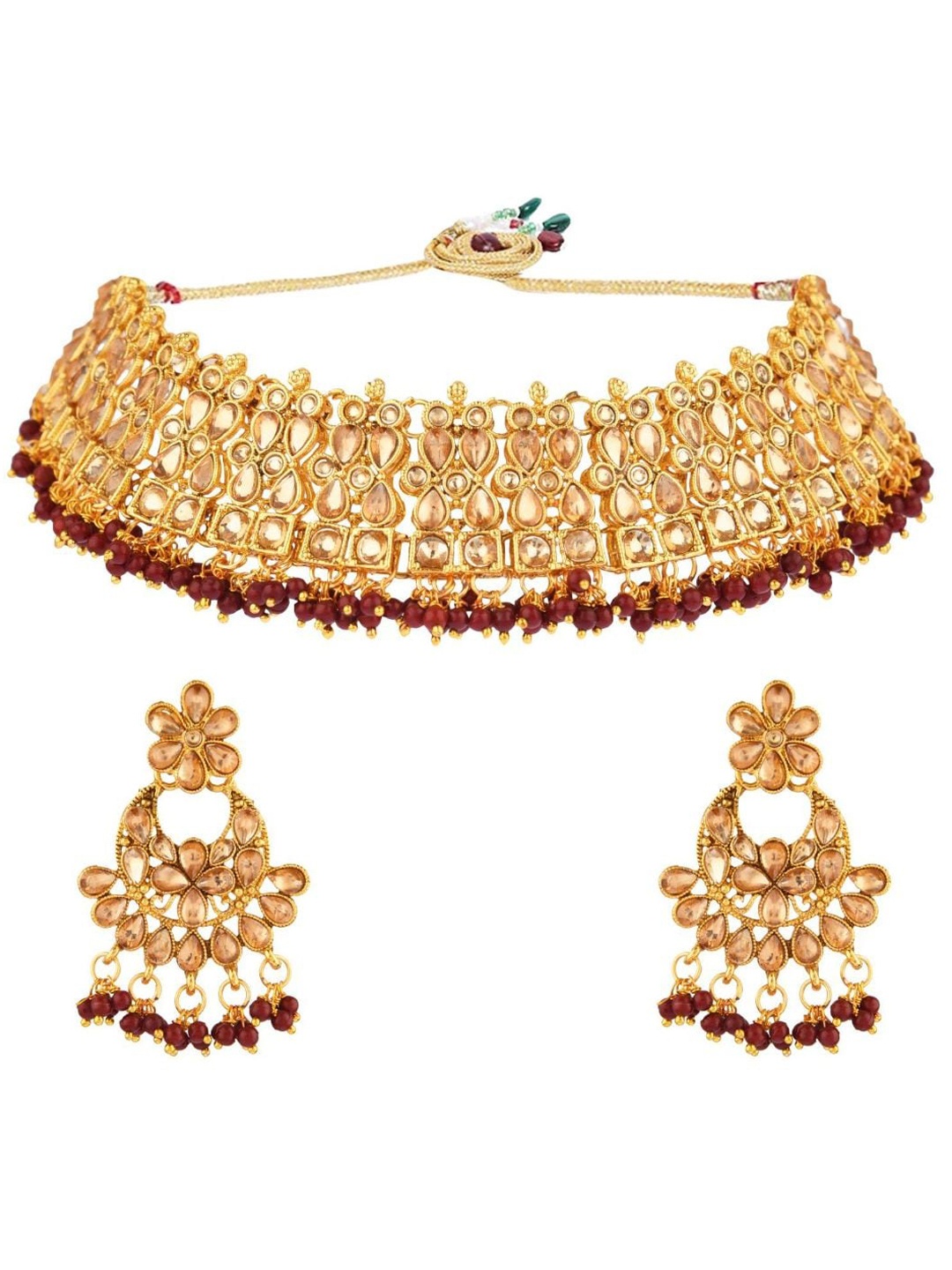 

Efulgenz Gold-Plated Maroon Beaded & Kundan Studded Jewellery Set