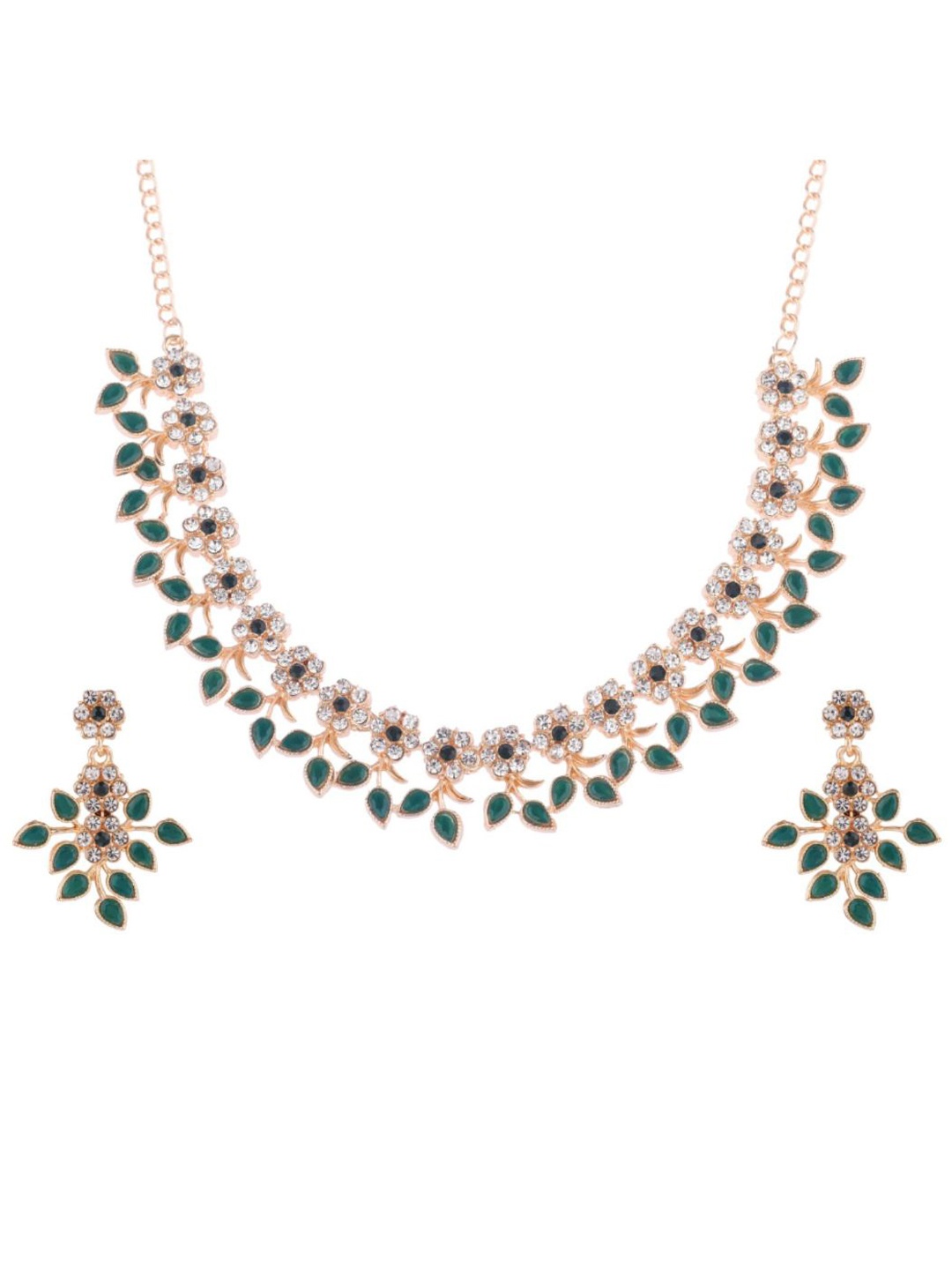 

Efulgenz Classic Delicate Designer Gold-Plated White & Green Crystal Stone-Studded Jewellery Set