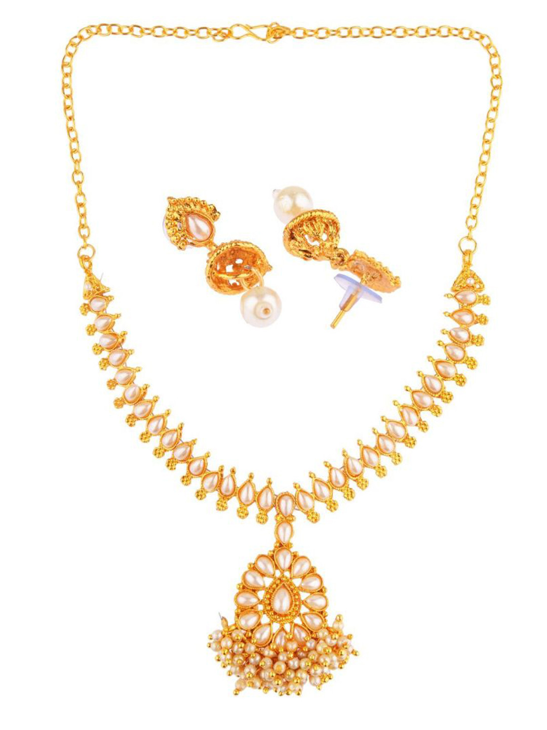 

Efulgenz Gold-Plated White Crystal Studded & Beaded Jewellery Set
