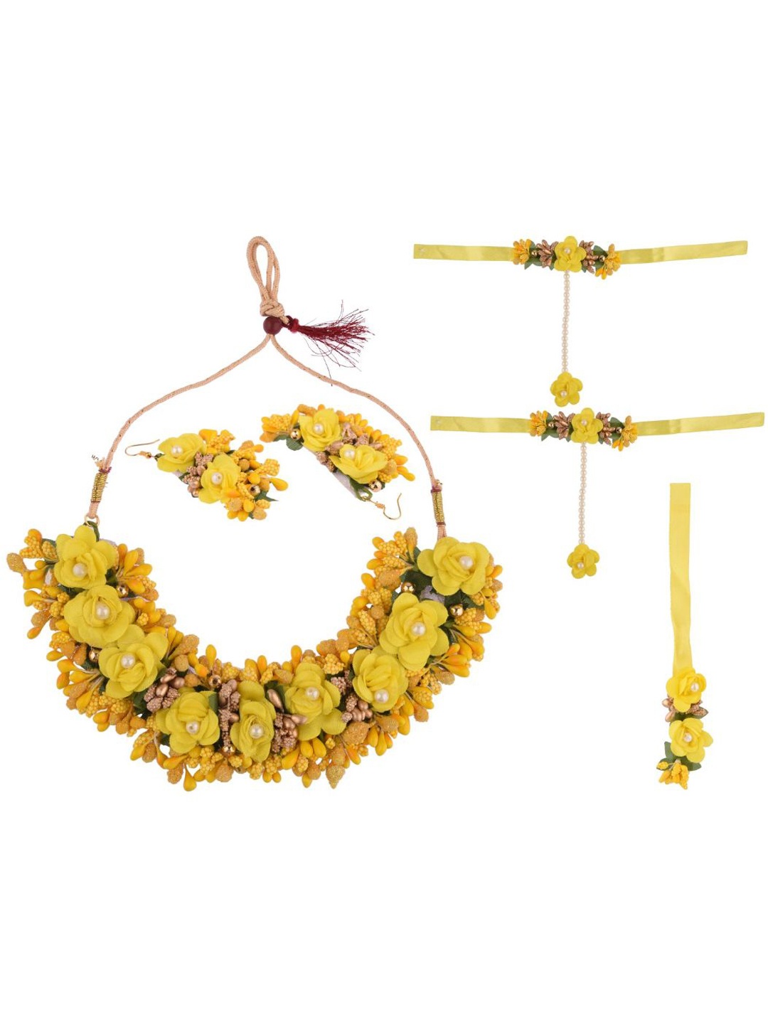 

Efulgenz Yellow Beaded Bridal Floral Haldi Jewellery Set