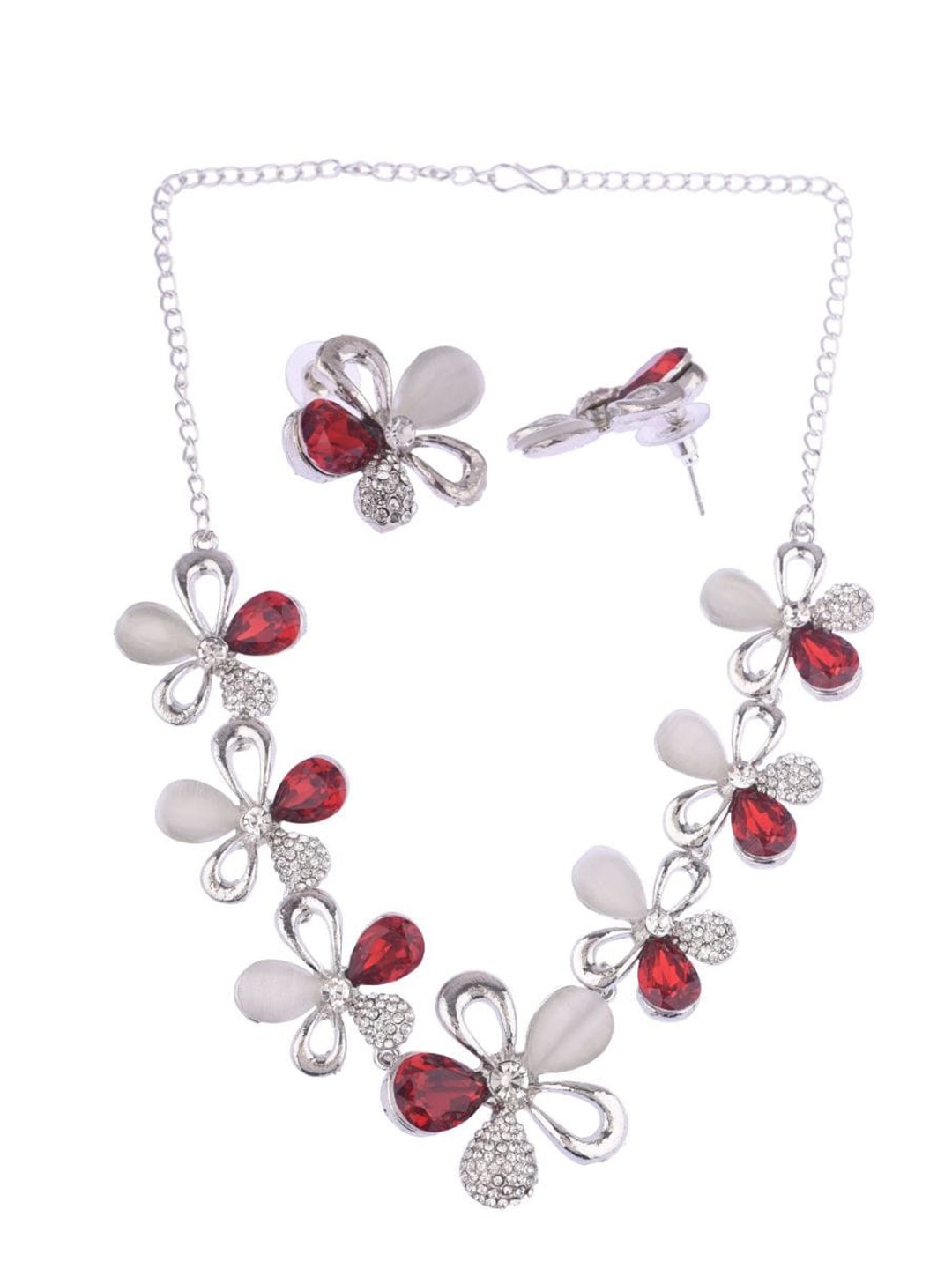 

Efulgenz Classic Delicate Rhodium-Plated Silver-Toned White & Red Crystal-Studded Jewellery Set