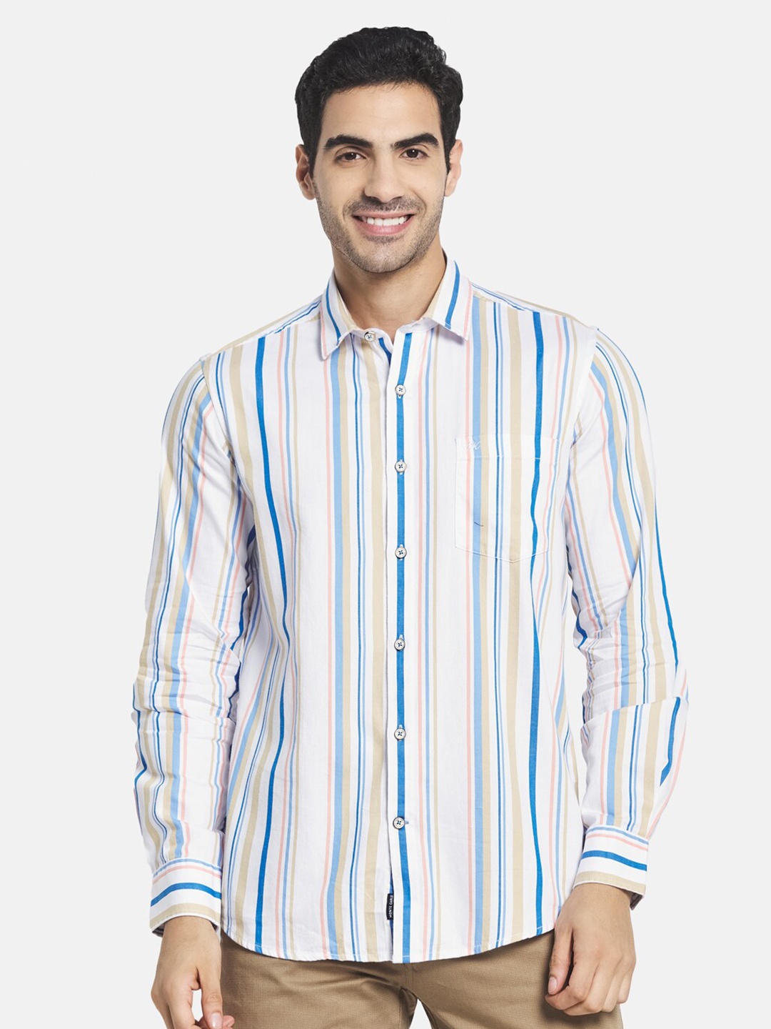 

Monte Carlo Men White Striped Cotton Casual Shirt