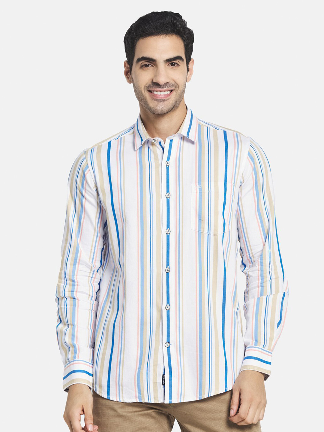

Monte Carlo Men White Striped Cotton Casual Shirt